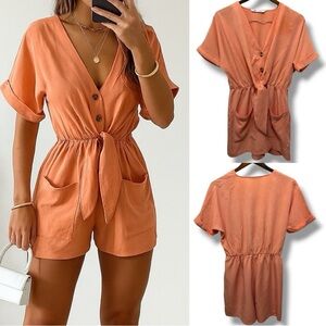 432 Zara | EUC Turkey Peach Button-Front Tie Waist Short Romper (Size S)